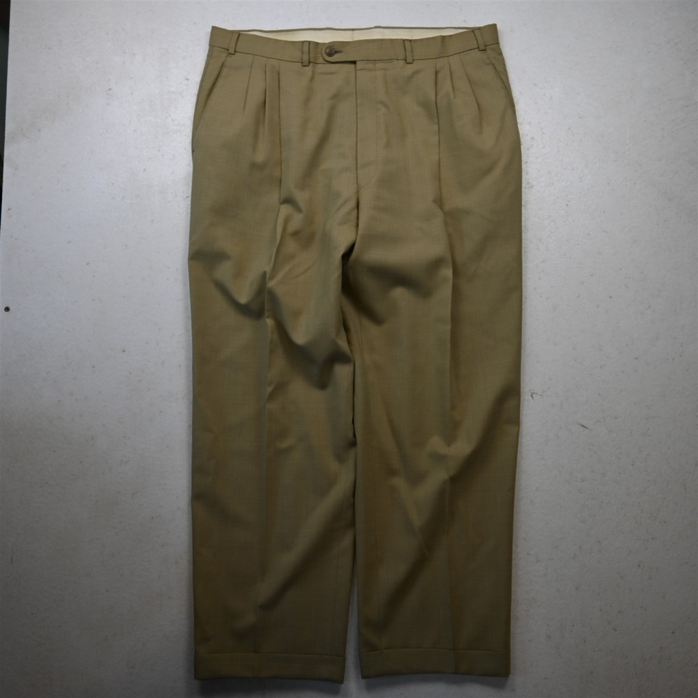 Paul Dione 38x30 Beige Khaki 100% Wool Pleated Cuffed Sean Baggy Dress Pants